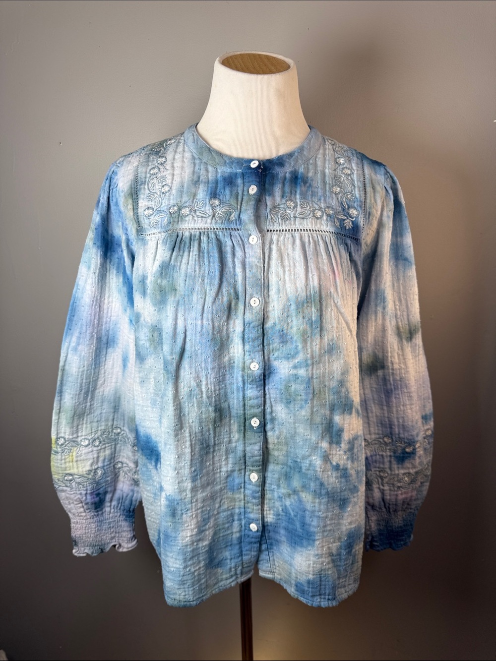 Women’s Blue Tie-Dye Button Front Blouse with Embroidered Yoke